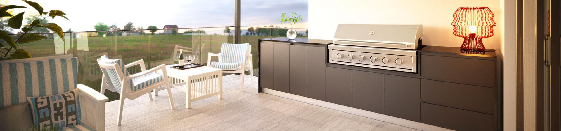 Flexi Renovations Perth Modern outdoor kitchen with built-in stainless steel BBQ grill, dark cabinetry, and stylish patio seating area in Perth home