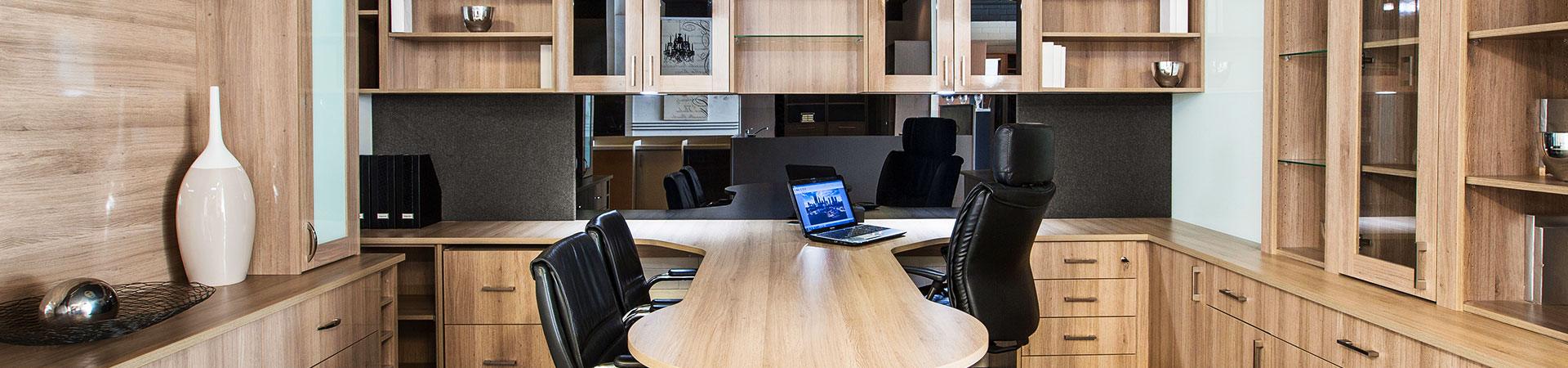 Flexi Renovations Perth Luxury custom home office with light wood cabinetry, built-in shelving, and L-shaped desk—perfect convert bedroom to home office