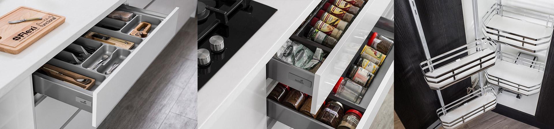Flexi Renovations Perth Modern kitchen storage solutions featuring organized cutlery drawers, spice compartments, and pull-out pantry shelving systems