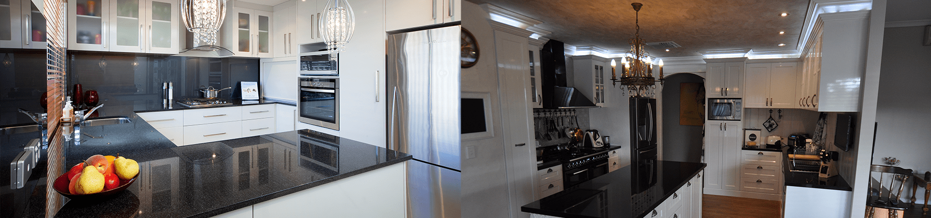 Flexi Renovations Perth Modern Perth kitchen renovations featuring white cabinetry, black granite countertops, dark splashbacks and elegant lighting