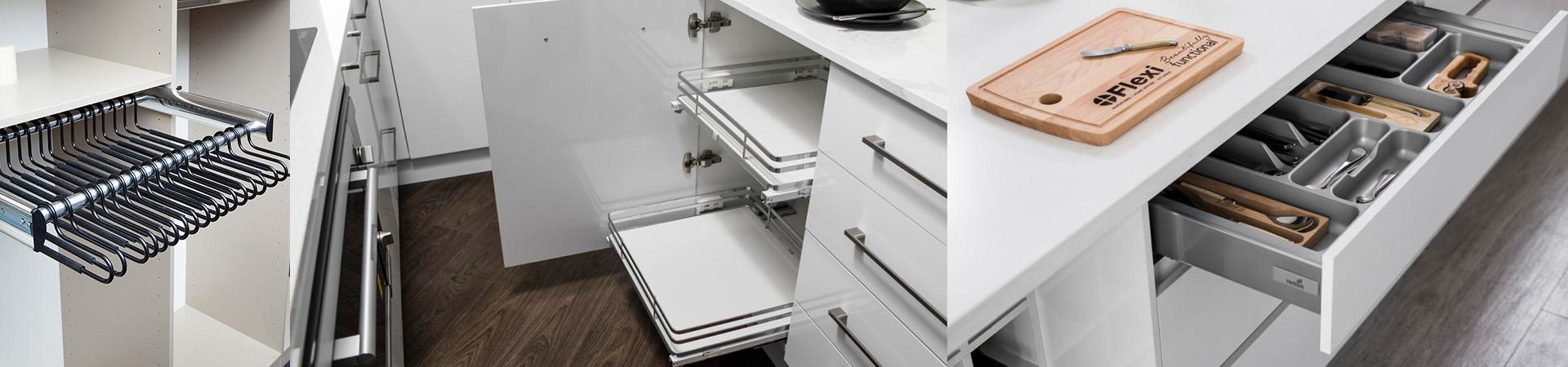 Flexi Renovations Perth Pull-out wardrobe pants rack, corner cabinet shelving, and kitchen drawer organizers showcasing Flexi clever storage solutions
