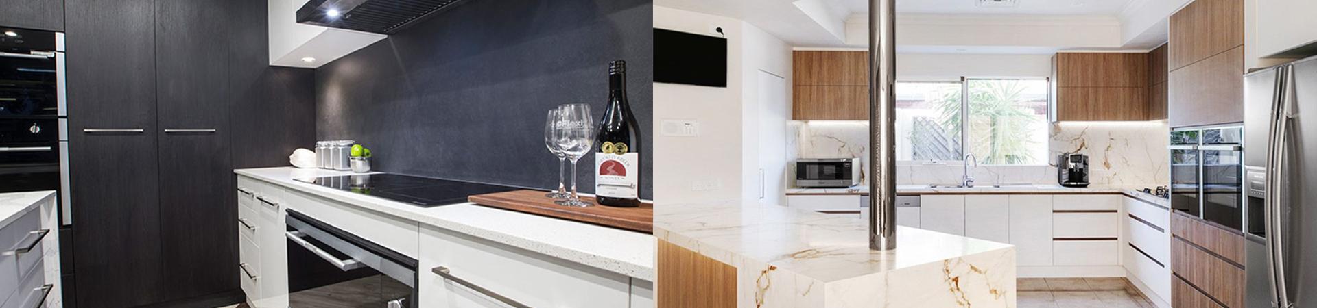 Flexi Renovations Perth Modern kitchen renovations showcasing dark cabinetry with white countertops and light wood finishes with marble benchtops