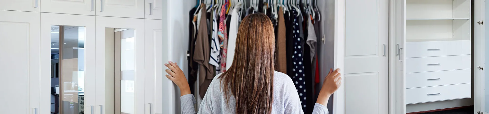 Flexi Renovations Perth Woman with long brown hair opening white built-in wardrobe doors to view organized clothing on hangers in modern bedroom