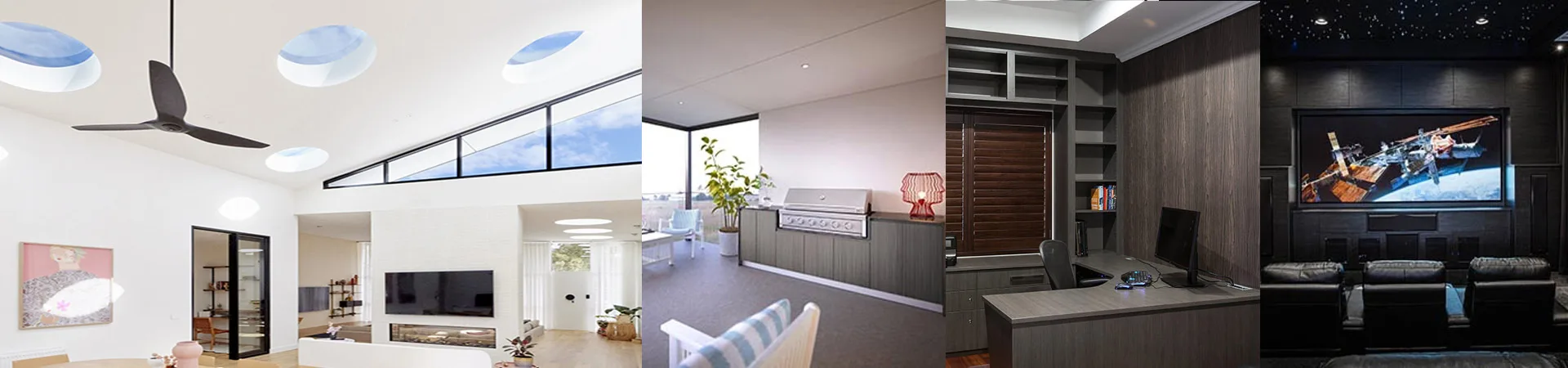 Flexi Renovations Perth Modern sustainable home interiors featuring skylights, natural light, outdoor kitchen area, and energy-efficient home theatre