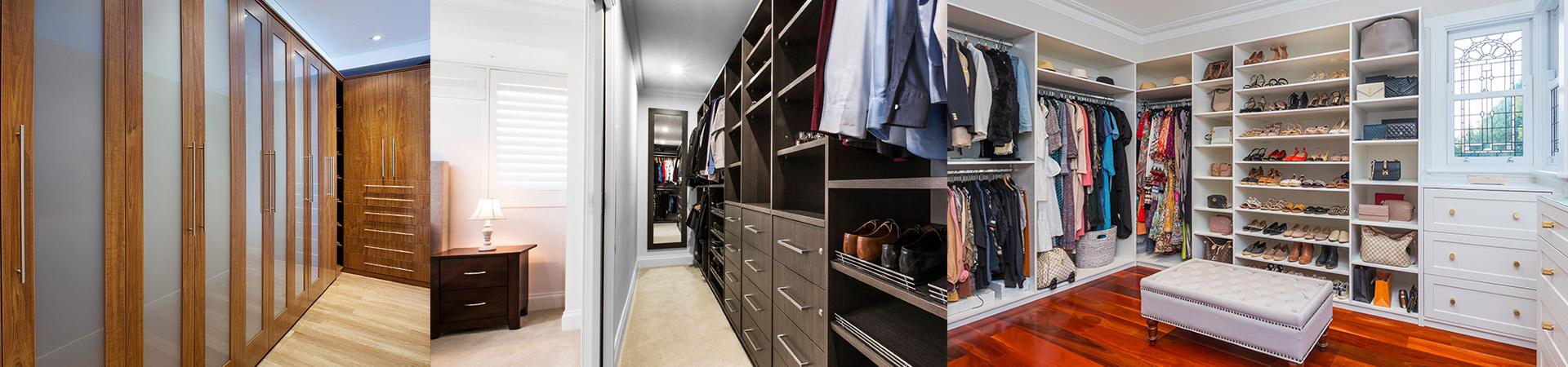 Flexi Renovations Perth Four custom wardrobe designs showcasing sliding mirror doors, dark wood cabinetry, and white built-in storage solutions