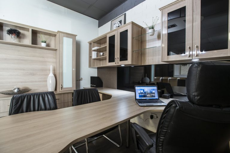 Spacious home office renovation in Rivervale, Perth. Custom cabinetry, desk, and storage. Modern design by A29V5386 for optimized workspace.