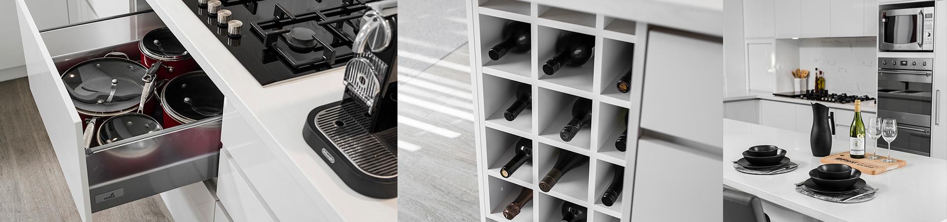 Flexi Renovations Perth Modern white kitchen featuring deep pan drawers, Nespresso machine, built-in wine rack storage, and elegant dining setup