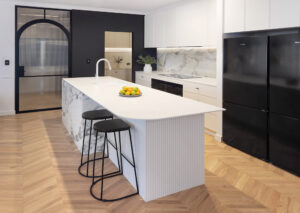 Contemporary Scandi luxe kitchen in Kingsley with marble island, black fridge, and herringbone floors.