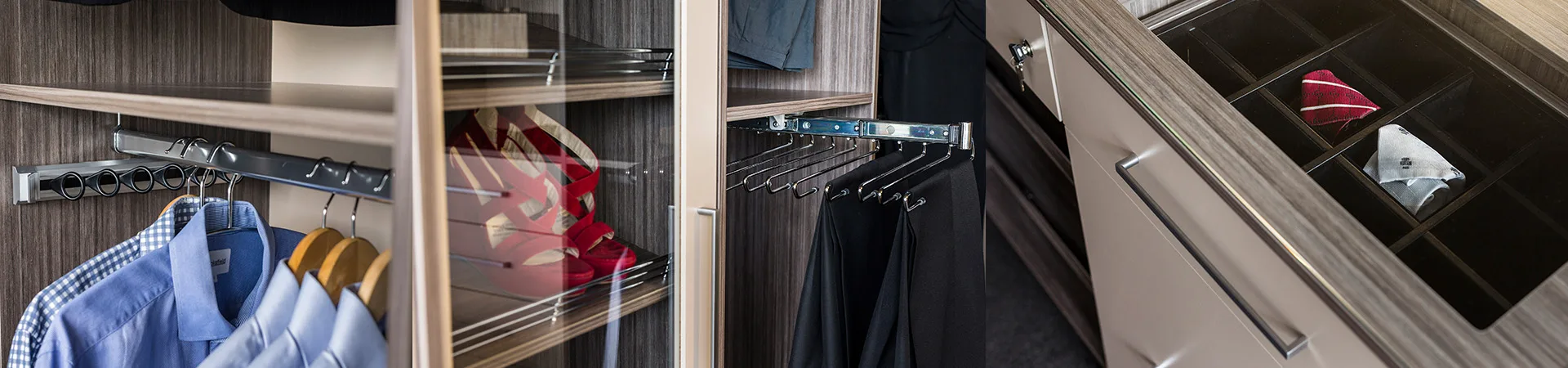 Flexi Renovations Perth Custom wardrobe interior with pull-out pants rack, tie organiser, shirt hangers, and shoe storage in dark wood cabinetry