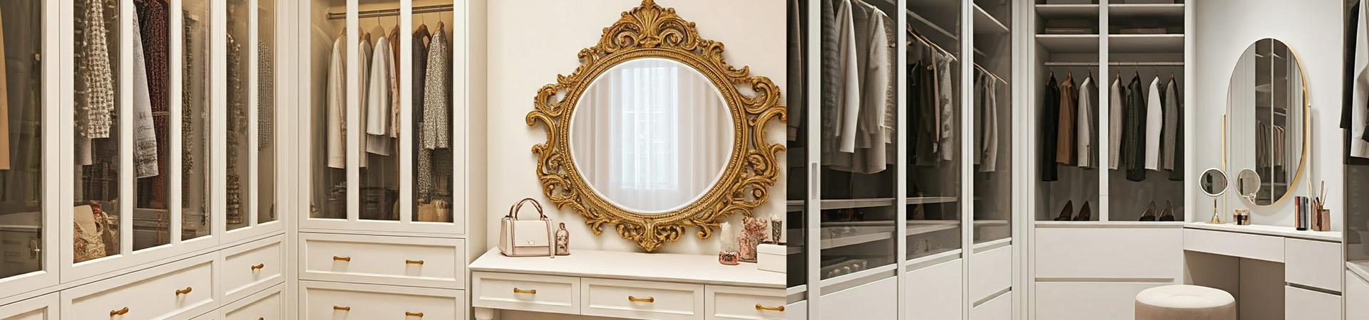 Flexi Renovations Perth Elegant walk-in wardrobe with glass-fronted cabinets, gold hardware, ornate mirror, and custom white cabinetry in Perth home