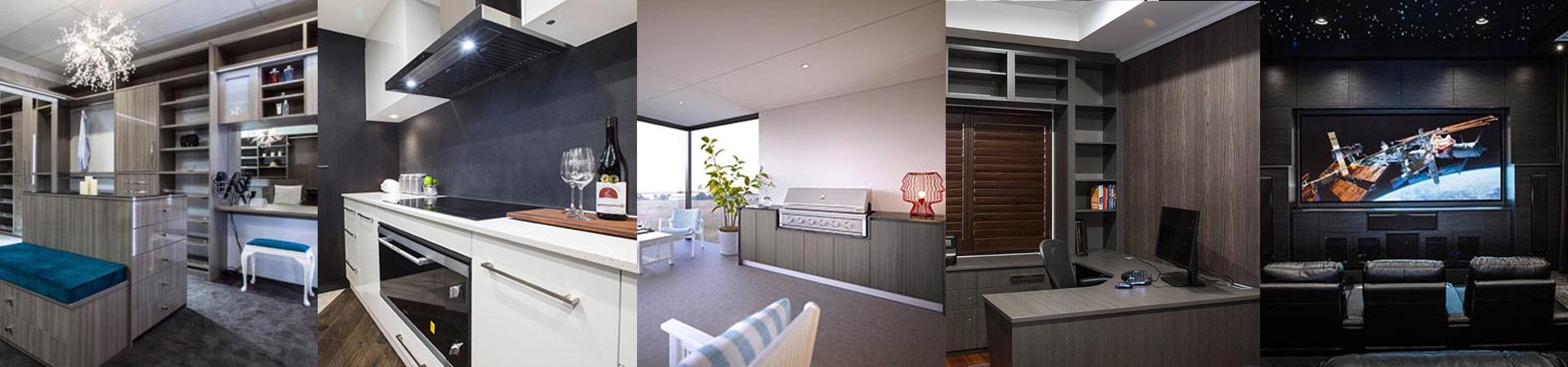Flexi Renovations Perth Custom home renovations showcasing walk-in wardrobe, modern kitchen, outdoor BBQ area, and home theatre with built-in cabinetry